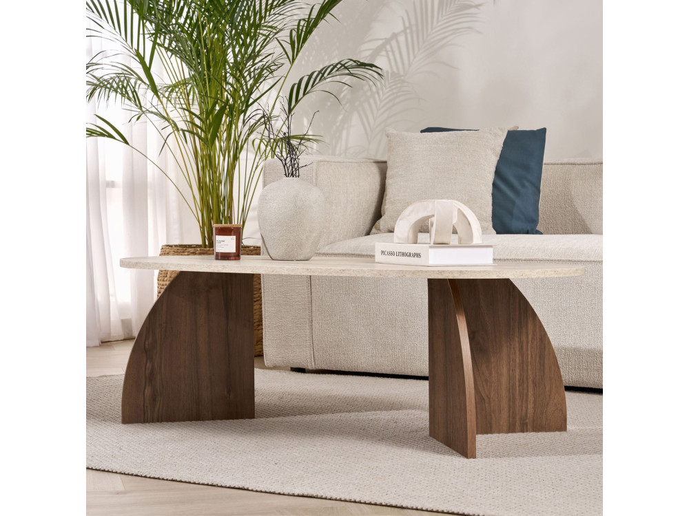 Table basse en bois "Melina" - 120 x 60 x 40 cm - Travertin / Noyer Venezia