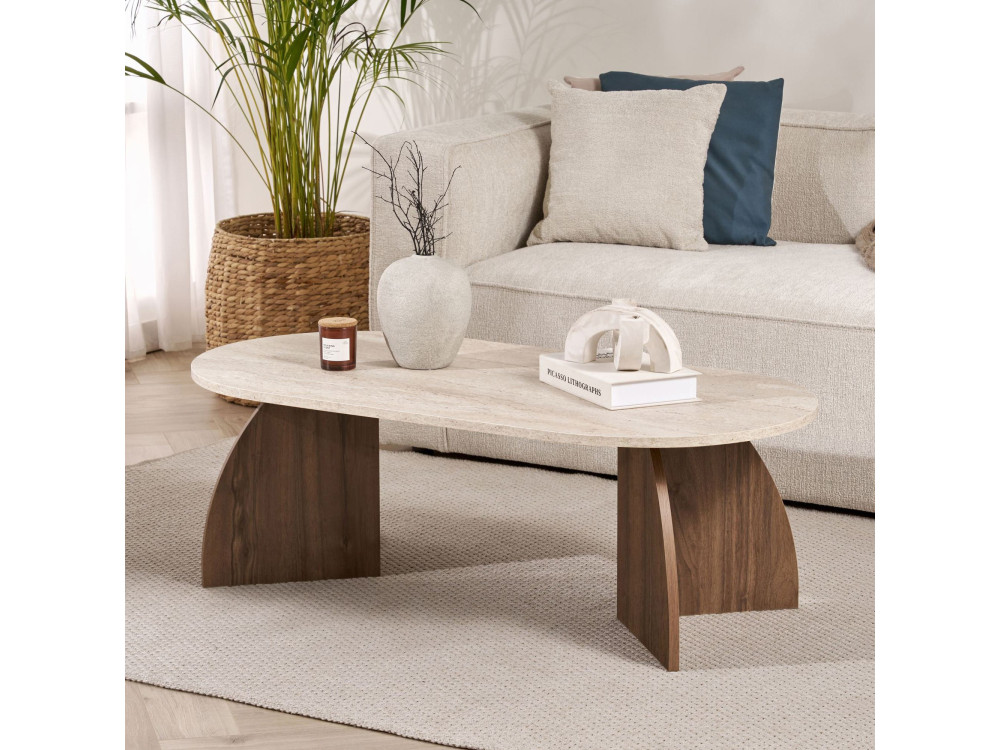 Table basse en bois "Melina" - 120 x 60 x 40 cm - Travertin / Noyer Venezia