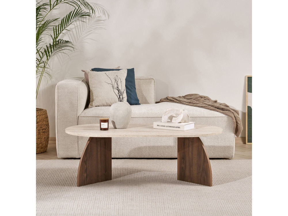 Table basse en bois "Melina" - 120 x 60 x 40 cm - Travertin / Noyer Venezia