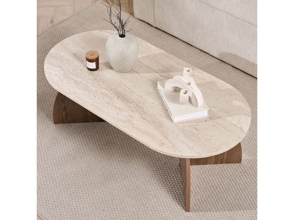 Table basse en bois "Melina" - 120 x 60 x 40 cm - Travertin / Noyer Venezia