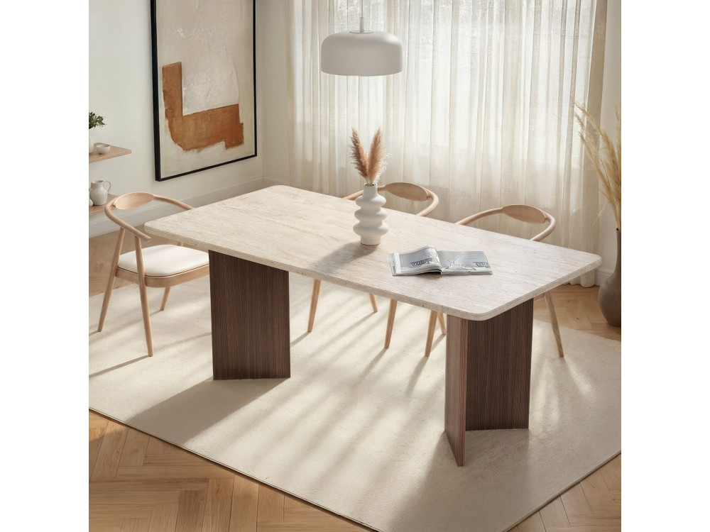 Table à manger en bois "Linza" - 180 x 90 x 75 cm - Travertin / Noyer Milano