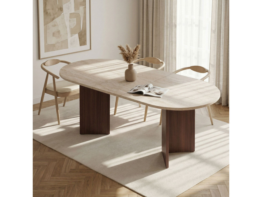 Table à manger extensible en bois "Sorell" - 160 x 90 x 75 cm - Travertin / Noyer Milano