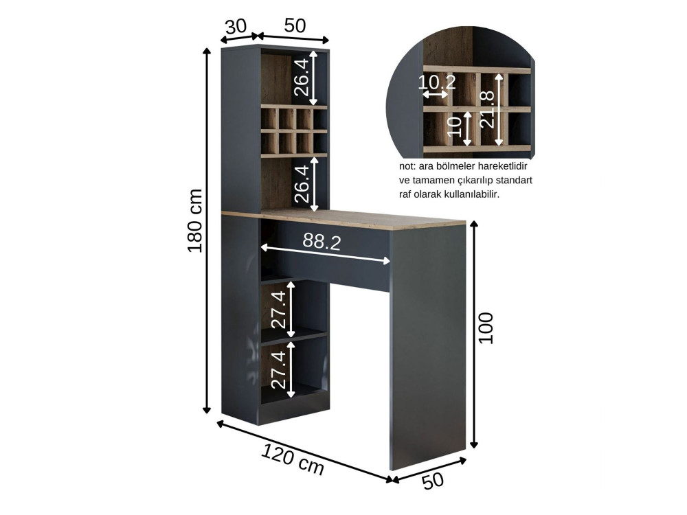 Table de bar en bois " 2771 " - 120 x 50 x 180 cm - Anthracite