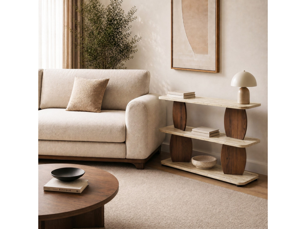 Table d'appoint en bois "Armonia" - 90 x 30 x 70 cm - Travertin / Noyer
