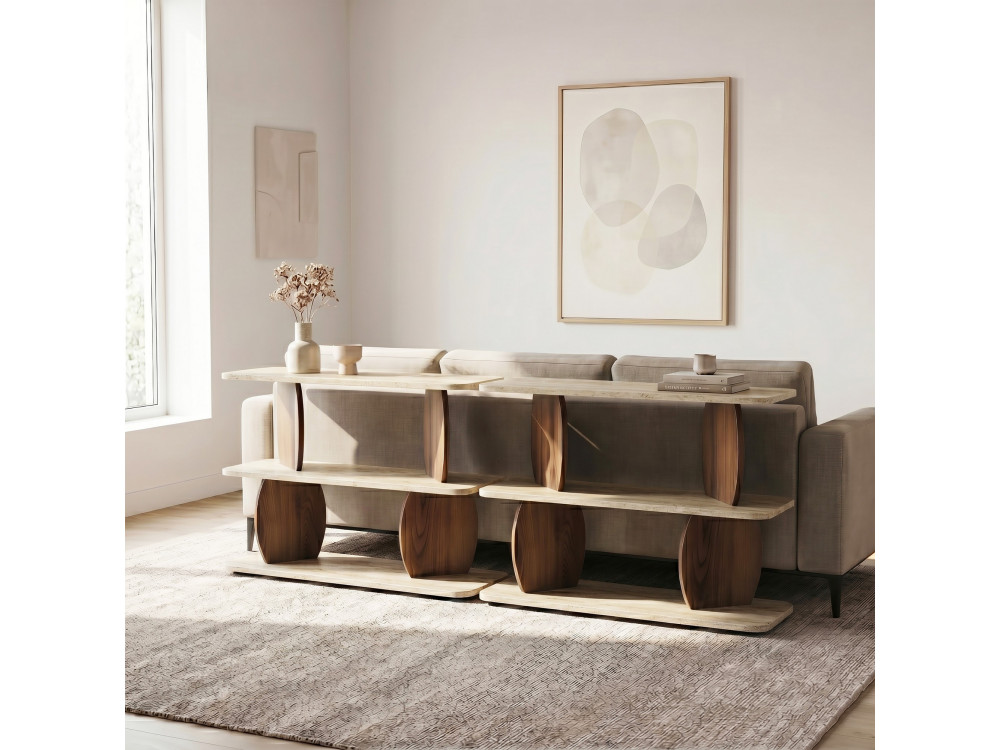 Table d'appoint en bois "Armonia" - 90 x 30 x 70 cm - Travertin / Noyer