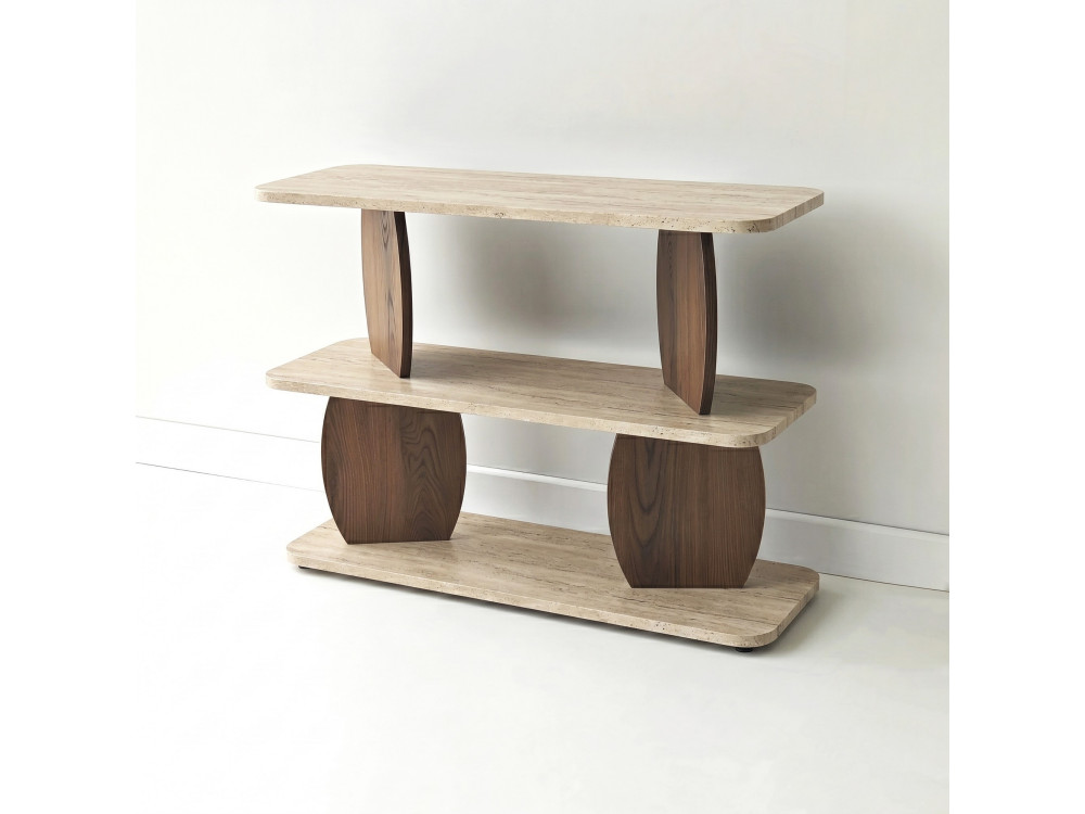 Table d'appoint en bois "Armonia" - 90 x 30 x 70 cm - Travertin / Noyer