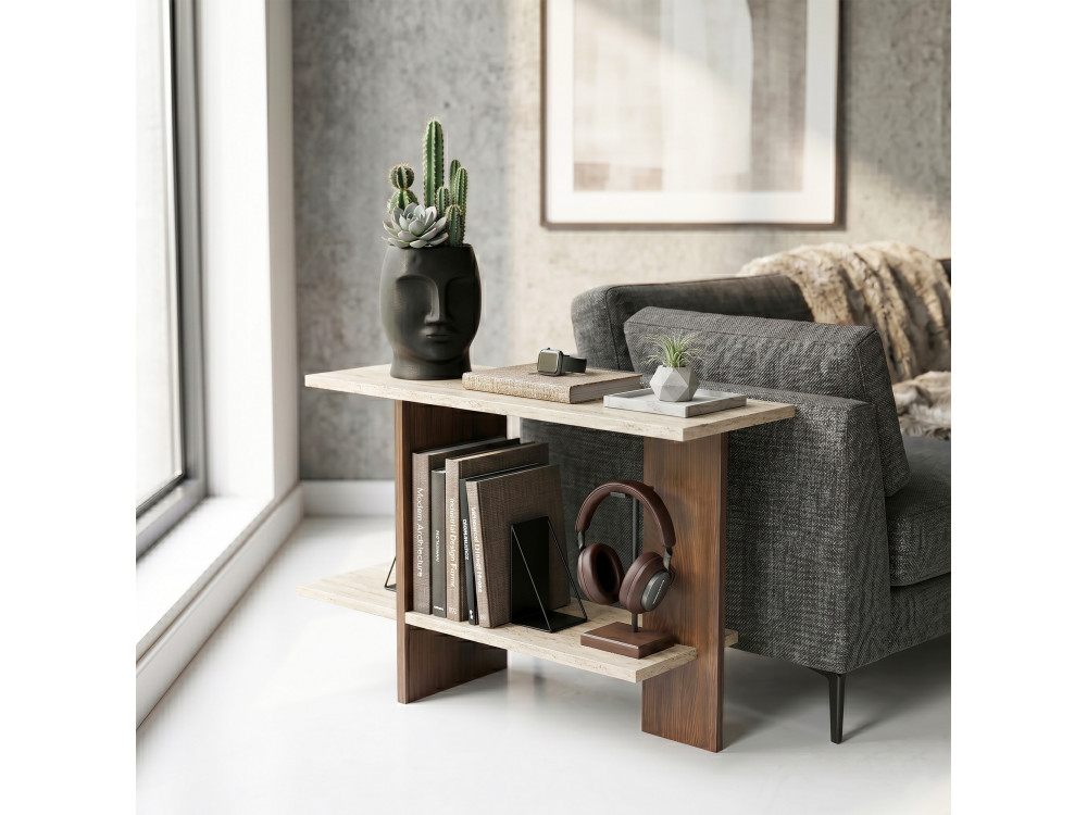 Table d'appoint en bois "Essenziale" - 80 x 30 x 55 cm - Travertin / Noyer