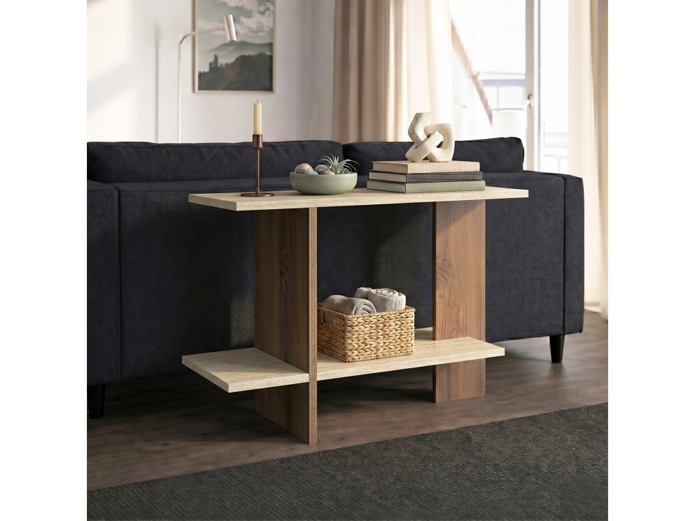 Table d'appoint en bois "Essenziale" - 80 x 30 x 55 cm - Travertin / Noyer