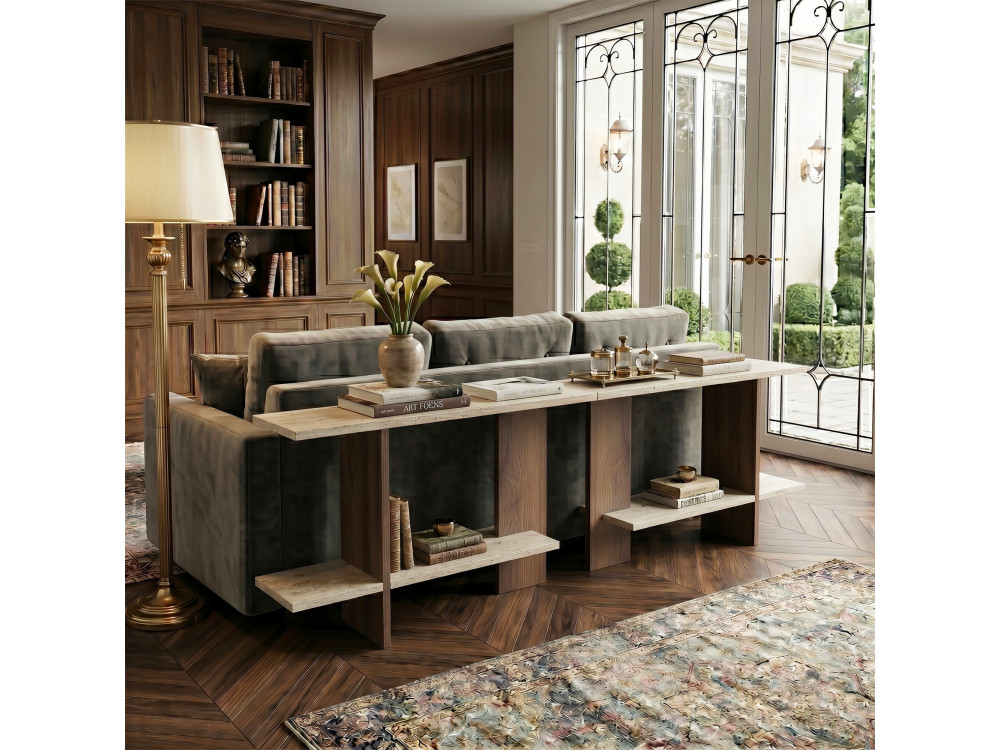 Table d'appoint en bois "Essenziale" - 80 x 30 x 55 cm - Travertin / Noyer