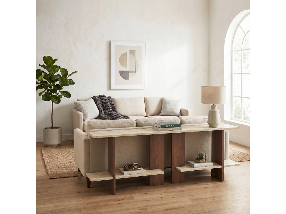 Table d'appoint en bois "Essenziale" - 80 x 30 x 55 cm - Travertin / Noyer