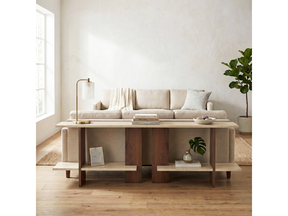 Table d'appoint en bois "Essenziale" - 80 x 30 x 55 cm - Travertin / Noyer