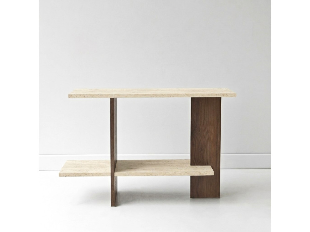 Table d'appoint en bois "Essenziale" - 80 x 30 x 55 cm - Travertin / Noyer