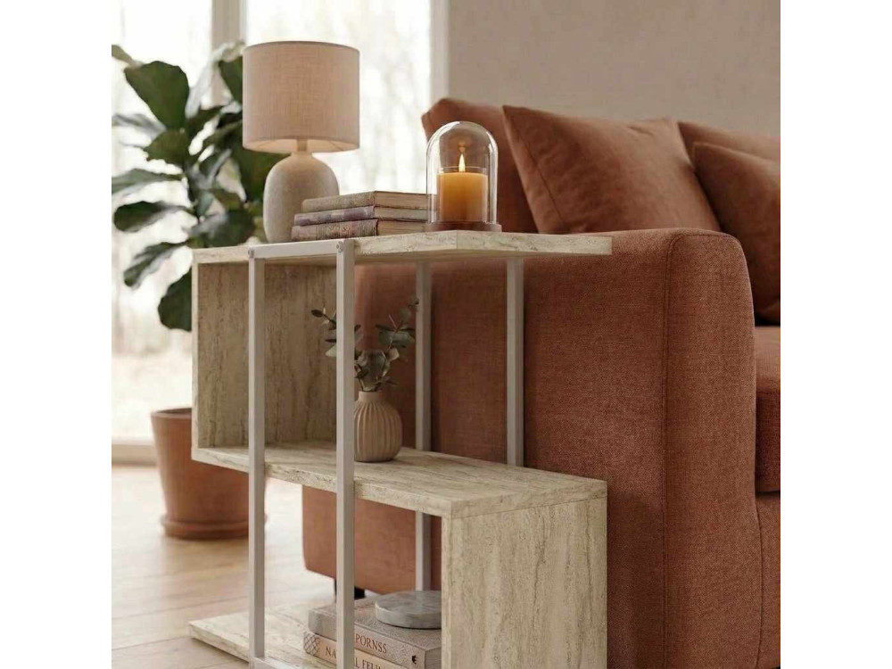 Table d'appoint en bois "HOMIA" - 56 x 25 x 56 cm - Travertin