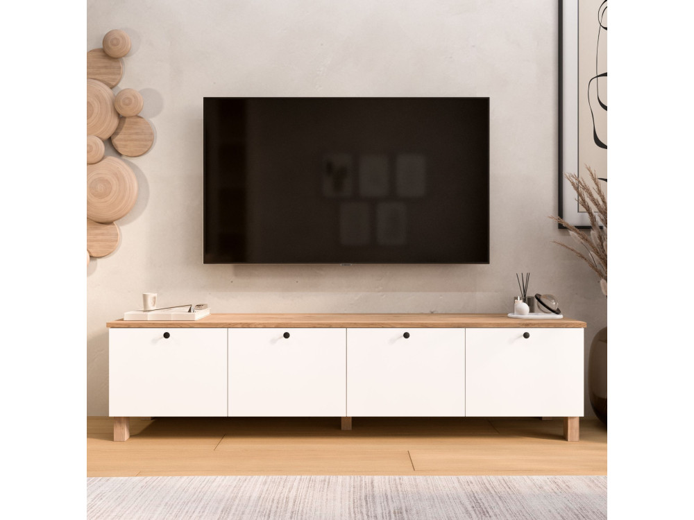 Meuble TV en bois " Nord " - 180 x 34 x 45 cm - Blanc / Chêne