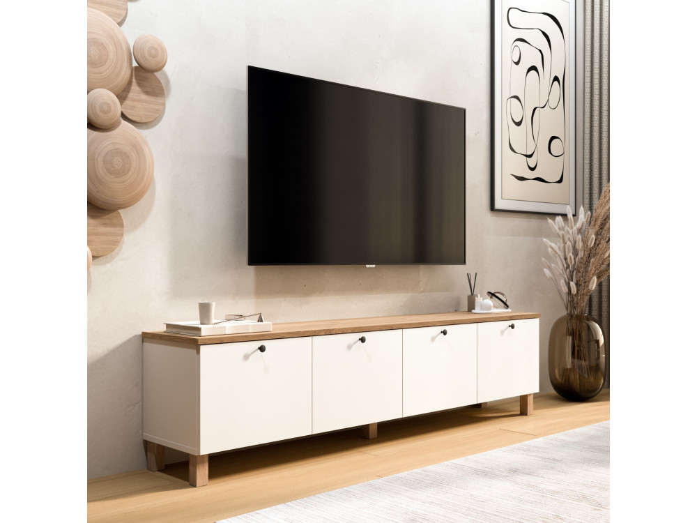 Meuble TV en bois " Nord " - 180 x 34 x 45 cm - Blanc / Chêne