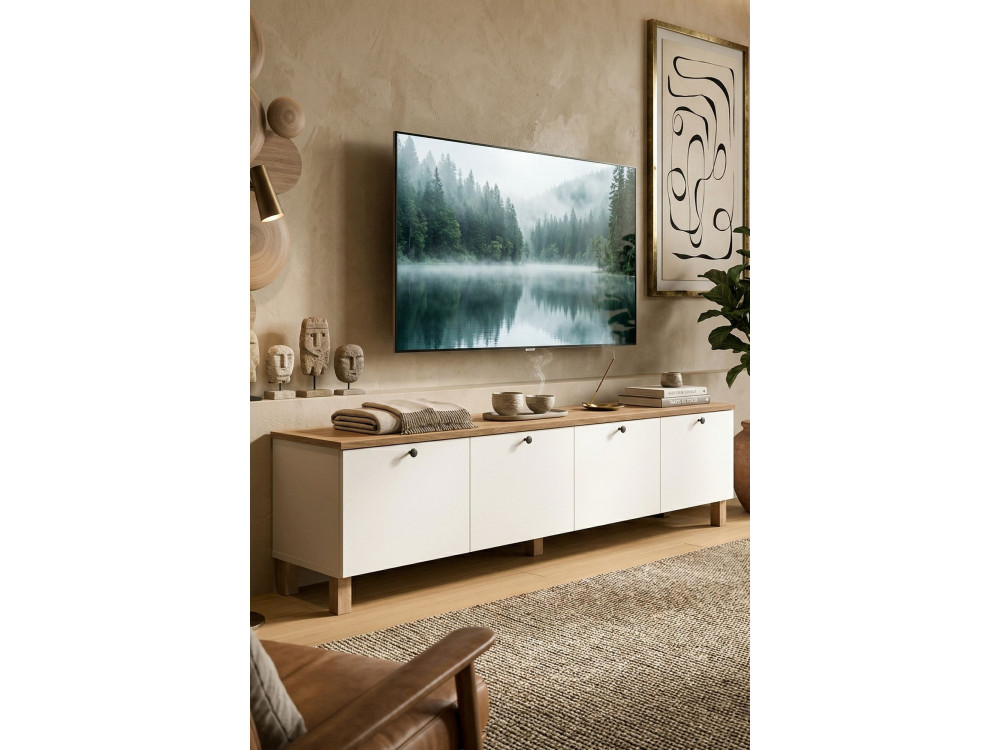 Meuble TV en bois " Nord " - 180 x 34 x 45 cm - Blanc / Chêne
