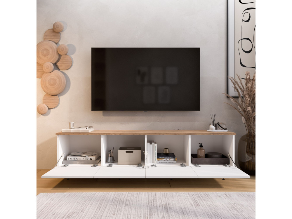 Meuble TV en bois " Nord " - 180 x 34 x 45 cm - Blanc / Chêne