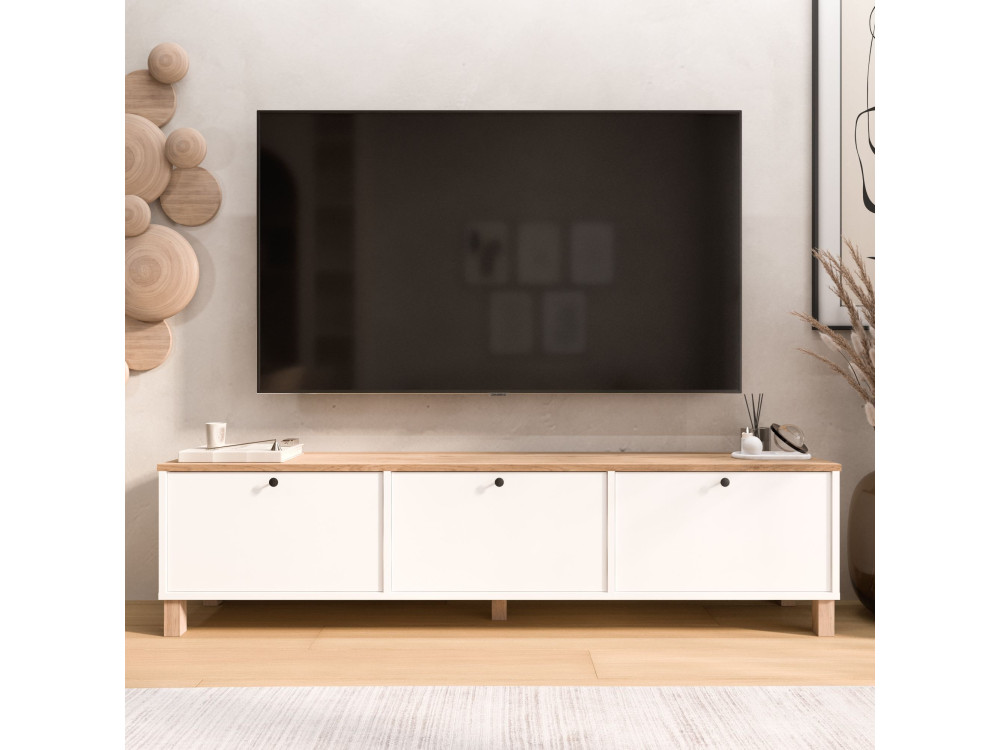 Meuble TV en bois " Nord " - 180 x 32 x 45 cm - Blanc / Chêne