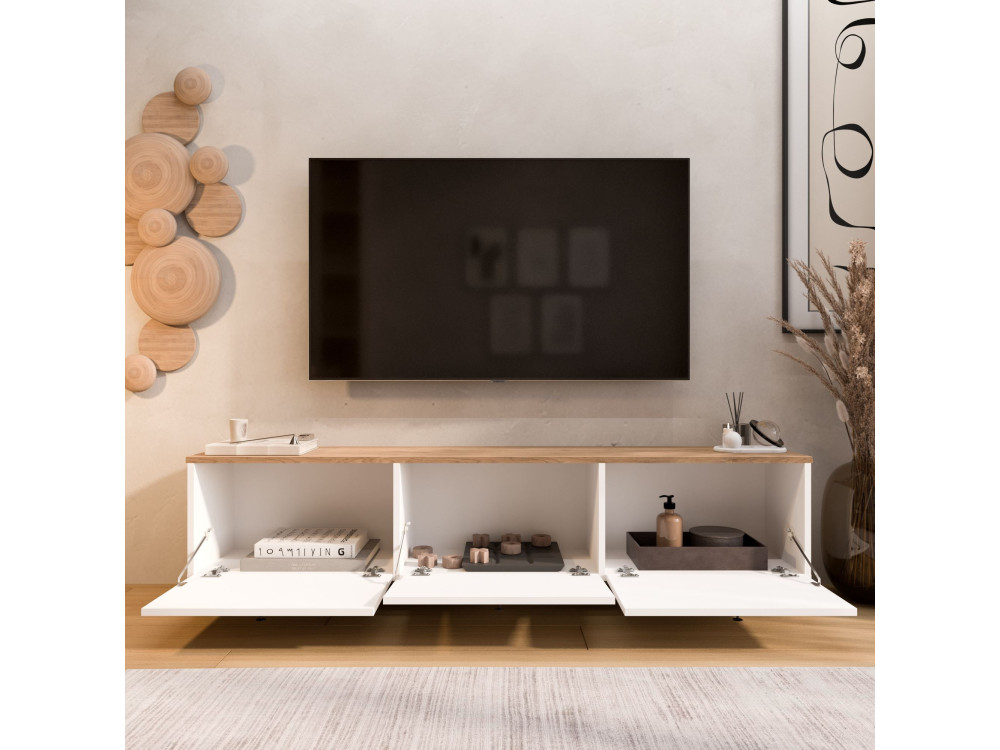 Meuble TV en bois " Nord " - 180 x 32 x 45 cm - Blanc / Chêne