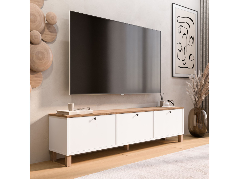 Meuble TV en bois " Nord " - 180 x 32 x 45 cm - Blanc / Chêne