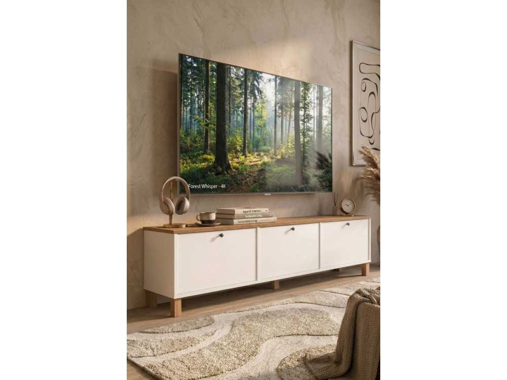 Meuble TV en bois " Nord " - 180 x 32 x 45 cm - Blanc / Chêne