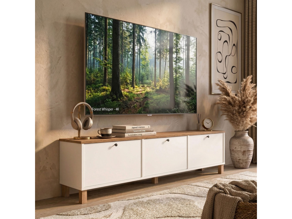 Meuble TV en bois " Nord " - 180 x 32 x 45 cm - Blanc / Chêne