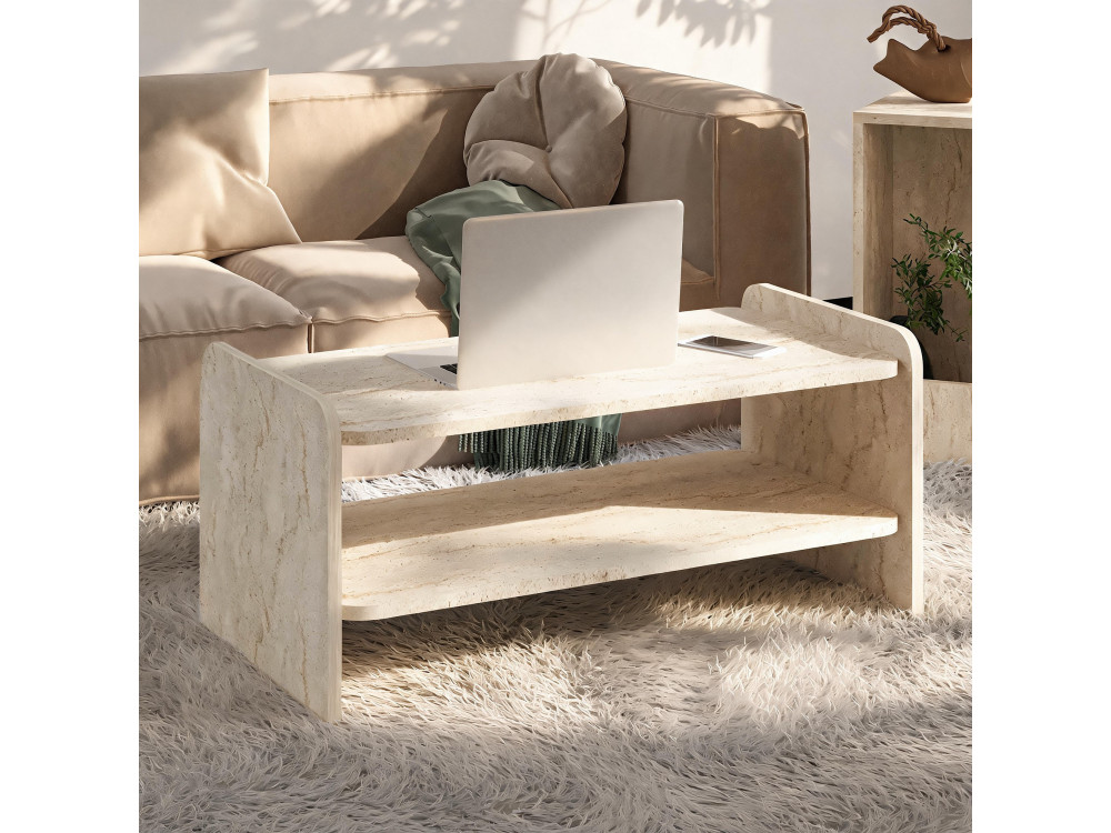 Table Basse en bois " Amon " - 89,8 x 39,8 x 44,8 cm - Travertin