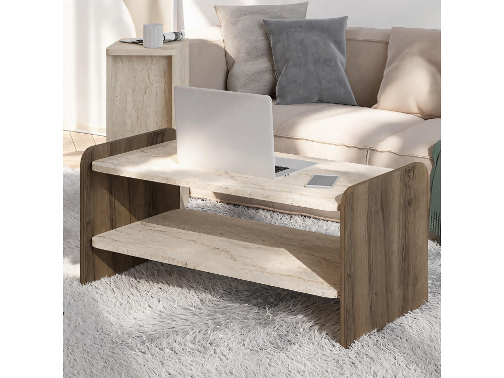Table Basse en bois " Amon " - 89,8 x 39,8 x 44,8 cm - Travertin / Noyer Antique