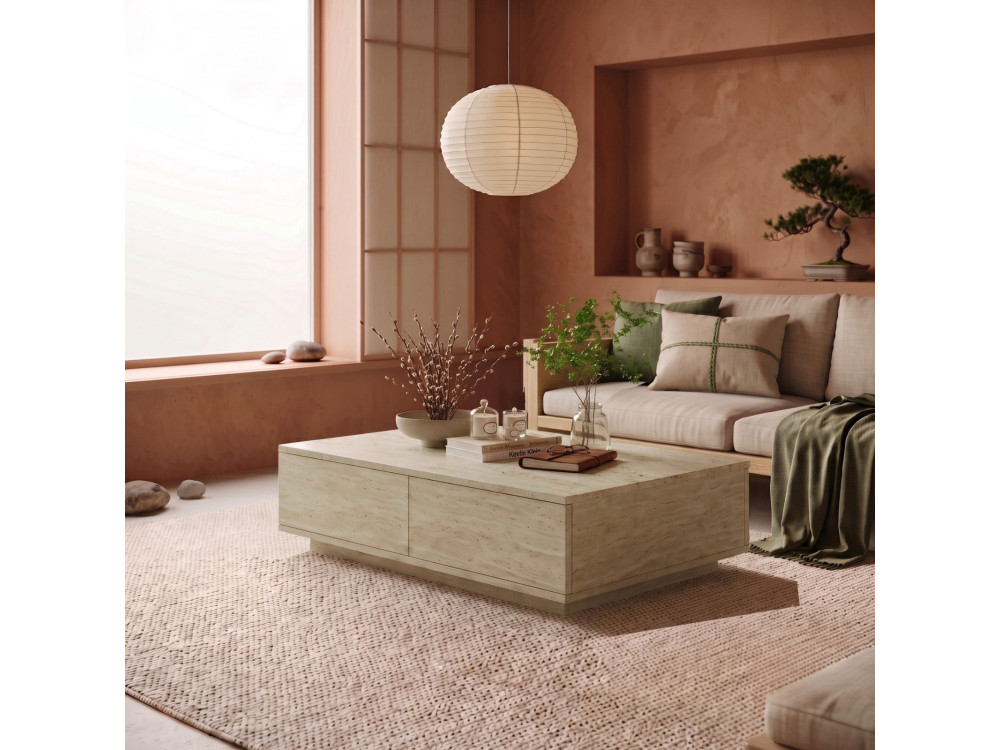 Table Basse en bois " Ave14 " - 90 x 60 x 28 cm - Travertin