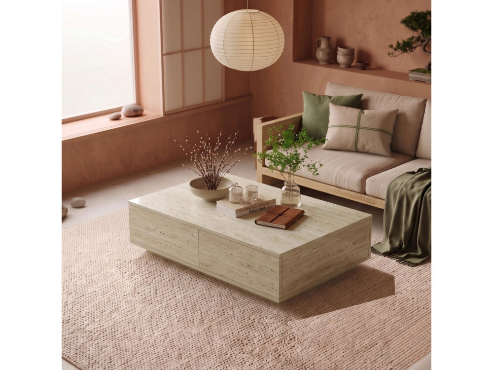 Table Basse en bois " Ave14 " - 90 x 60 x 28 cm - Travertin