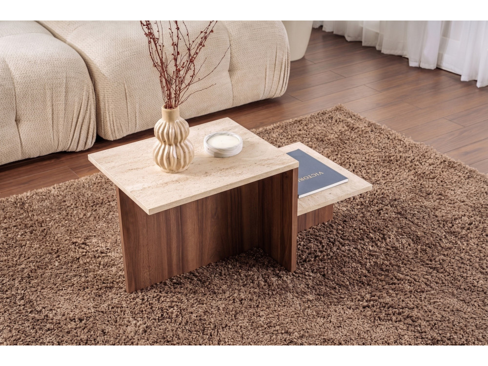 Table Basse en bois " Harmony " - 80 x 40 x 40 cm - Travertin