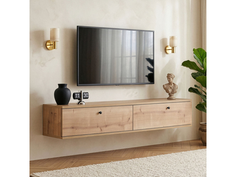 Meuble TV en bois "Ligne 140" - 140 x 25 x 25 cm - Beige