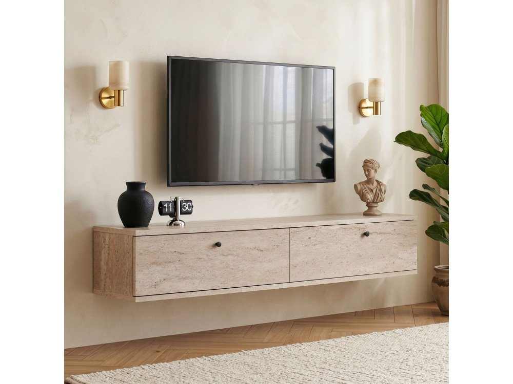 Meuble TV en bois " Ligne 140 " - 140 x 25 x 25 cm - Travertin