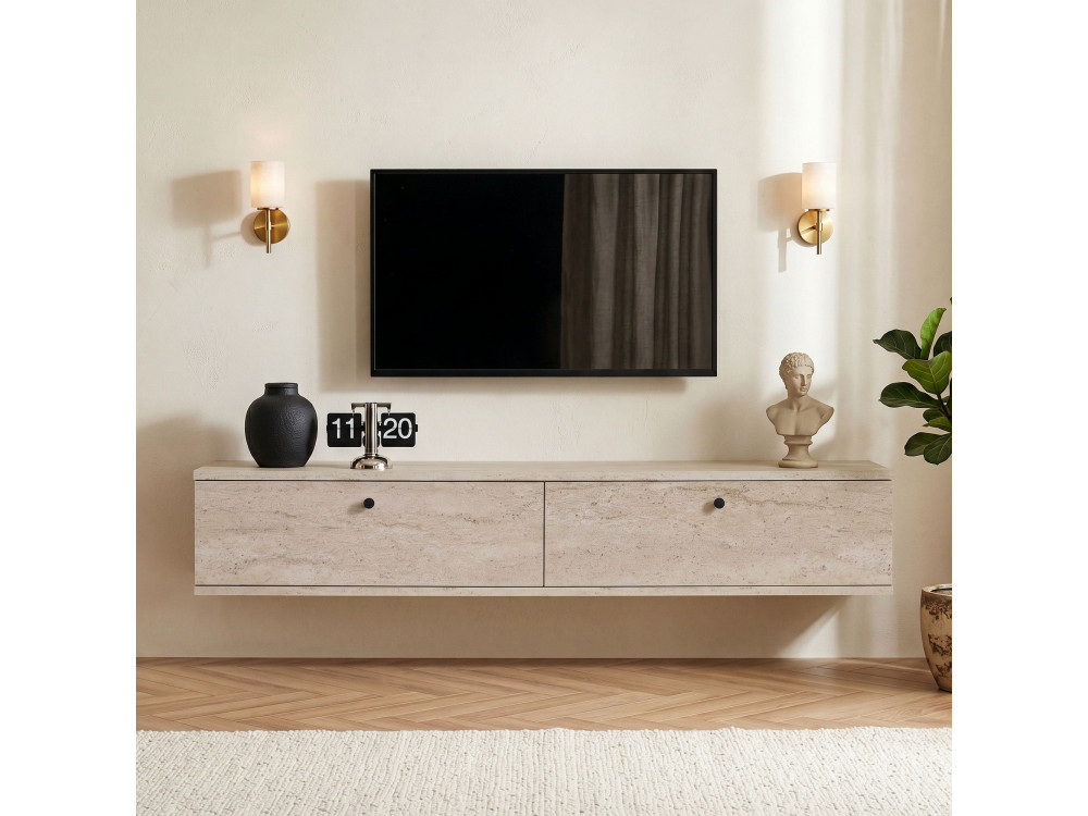 Meuble TV en bois " Ligne 140 " - 140 x 25 x 25 cm - Travertin