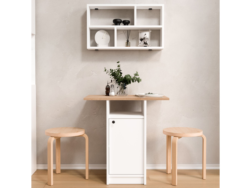 Ensemble table à manger et étagère murale (2 Pièces) en bois "Nord" - 72 x 44 x 74 cm - Blanc