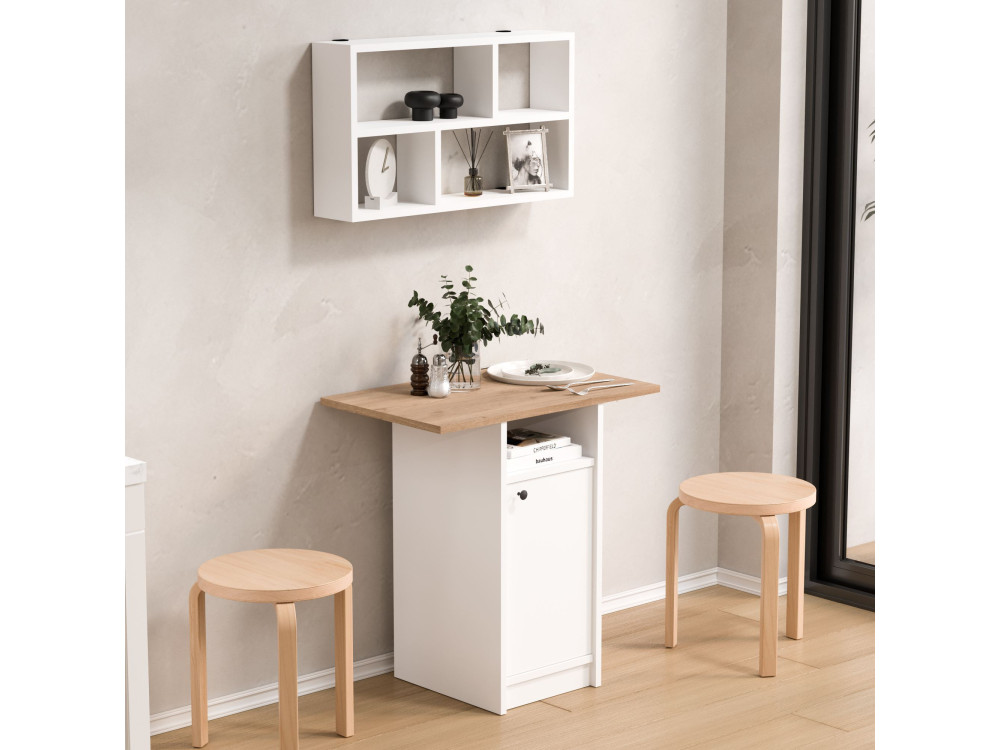Ensemble table à manger et étagère murale (2 Pièces) en bois "Nord" - 72 x 44 x 74 cm - Blanc