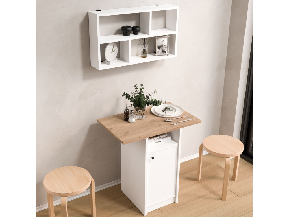 Ensemble table à manger et étagère murale (2 Pièces) en bois "Nord" - 72 x 44 x 74 cm - Blanc