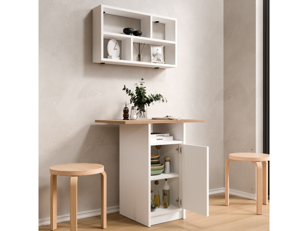 Ensemble table à manger et étagère murale (2 Pièces) en bois "Nord" - 72 x 44 x 74 cm - Blanc