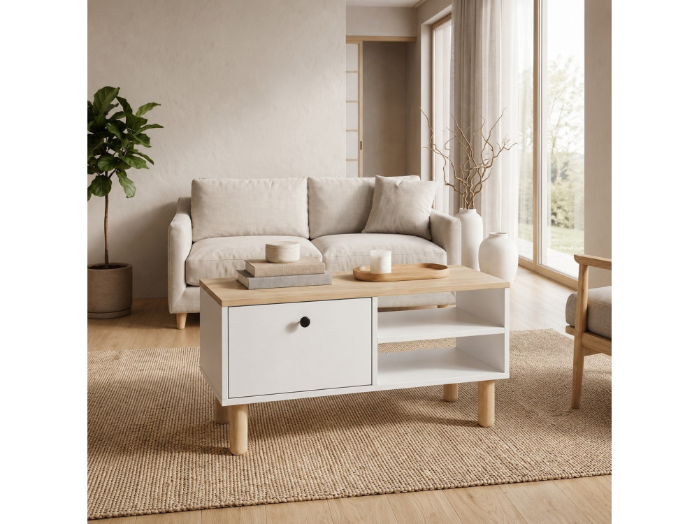 Table Basse en bois " Aris " - 90 x 38,8 x 60 cm - Chêne Saphir / Blanc