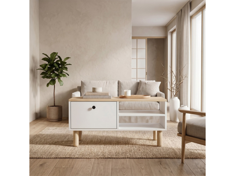 Table Basse en bois " Aris " - 90 x 38,8 x 60 cm - Chêne Saphir / Blanc
