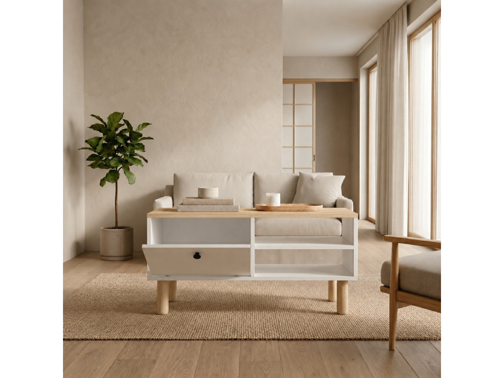 Table Basse en bois " Aris " - 90 x 38,8 x 60 cm - Chêne Saphir / Blanc