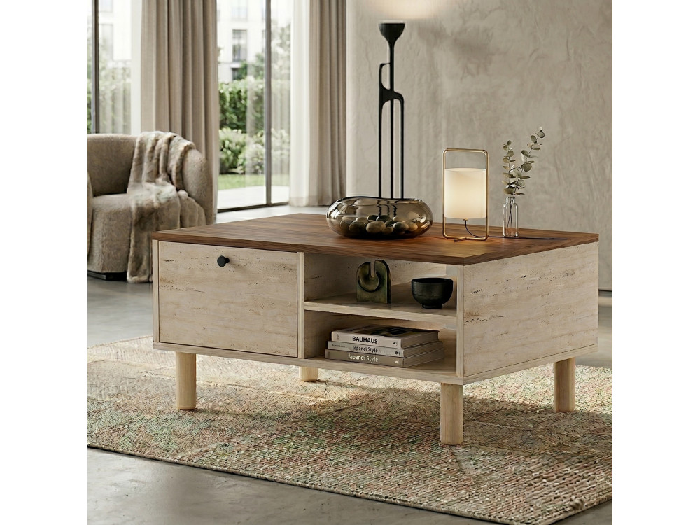 Table Basse en bois " Aris " - 90 x 38,8 x 60 cm - Travertin / Noyer Venezia