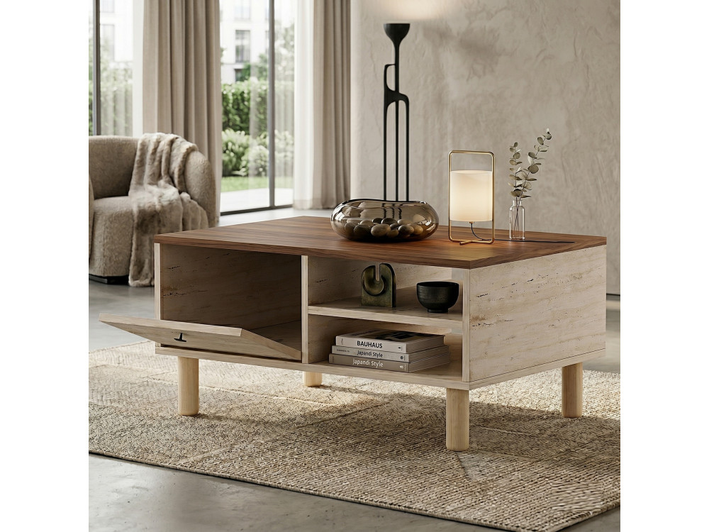 Table Basse en bois " Aris " - 90 x 38,8 x 60 cm - Travertin / Noyer Venezia