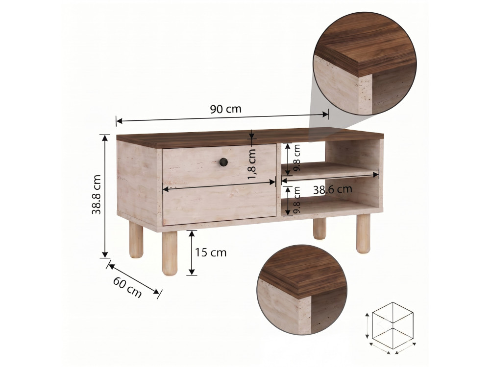 Table Basse en bois " Aris " - 90 x 38,8 x 60 cm - Travertin / Noyer Venezia