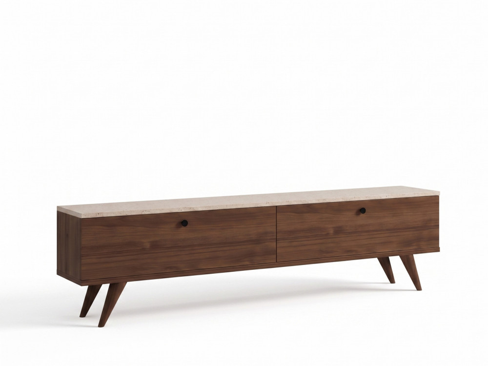 Meuble TV en bois " Paris " - 160 x 25 x 40 cm - Noyer / Travertin