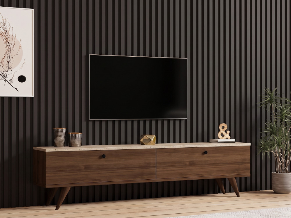 Meuble TV en bois " Paris " - 160 x 25 x 40 cm - Noyer / Travertin