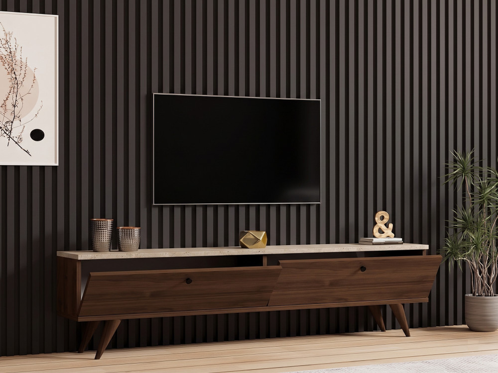 Meuble TV en bois " Paris " - 160 x 25 x 40 cm - Noyer / Travertin