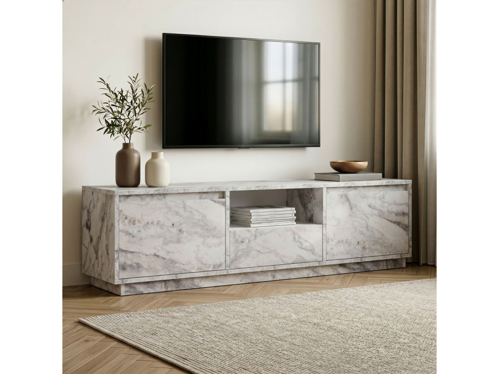 Meuble TV en bois " Vanguard " - 160 x 30 x 42 cm - Marbre Freesia