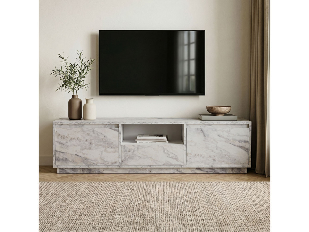 Meuble TV en bois " Vanguard " - 160 x 30 x 42 cm - Marbre Freesia