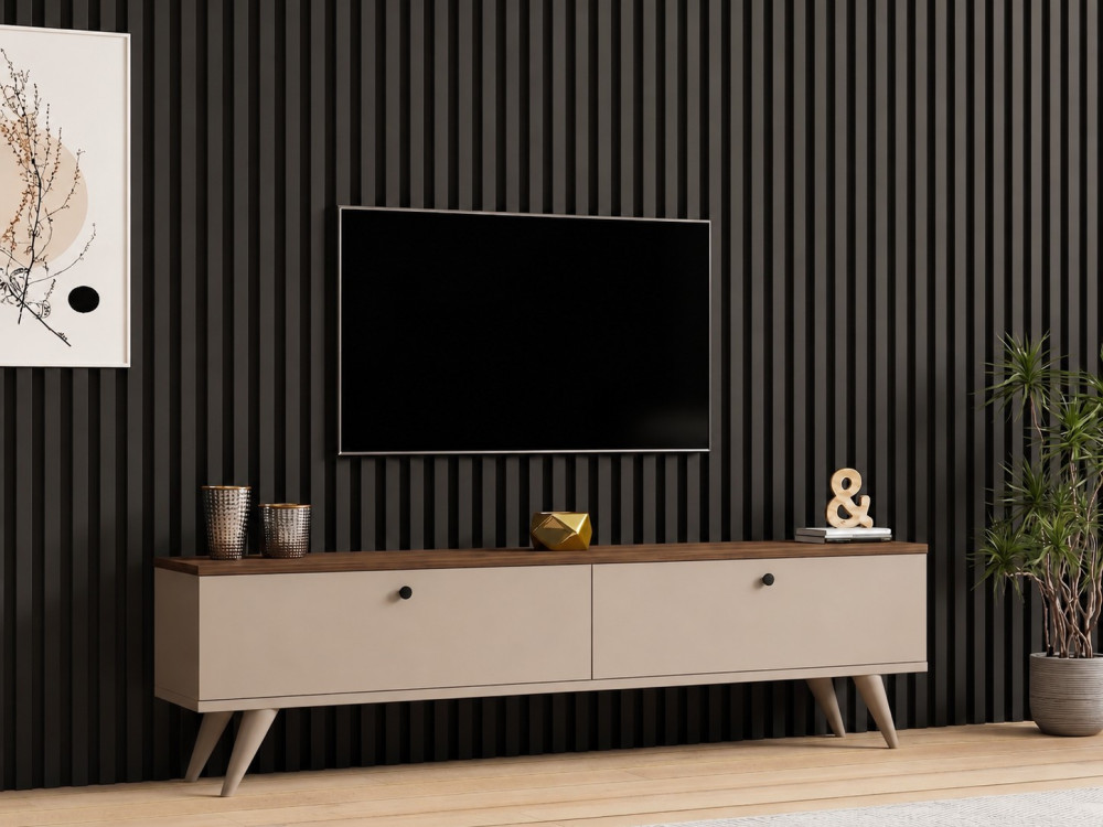 Meuble TV en bois " Paris 140 " - 140 x 40 x 25 cm - Noyer / Cachemire